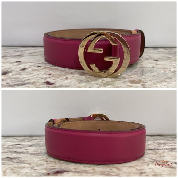 Authentic Gucci Hot Pink Calfskin Leather Gold Interlocking G Buckle Belt 80/32 - Picture 3 of 13